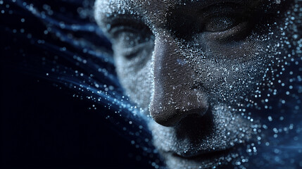 Binary code transforms into a 3D digital face made of data particles.
