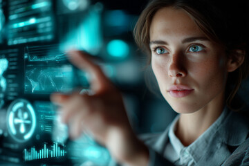 Futuristic office scene with businesswoman interacting with glowing holographic financial charts.