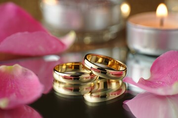 Romantic Wedding Rings Surrounded by Pink Flower Petals and Candles Create a Beautiful Ambiance