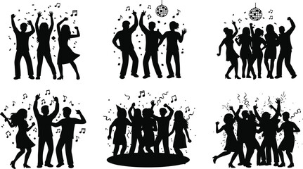 Black dancing people silhouettes in celebration scenes with music, disco ball, confetti, party vibes, energetic movement, festive group dance illustration set