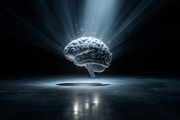Animated glowing AI brain made from particles rotating in loop against a dark backdrop.