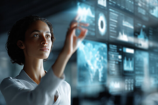 Futuristic office scene with businesswoman interacting with glowing holographic financial charts.
