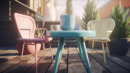 Fototapeta premium Colorful patio furniture set on a wooden deck