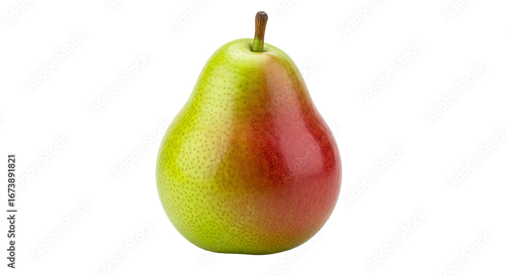 Poster a pear stands upright, featuring a blend of green and red colors with a thin stem on a isolated back