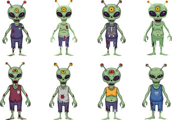 Cartoon scary aliens with glowing eyes, creepy extraterrestrial monsters, fantasy space characters, horror alien illustration, science fiction creatures