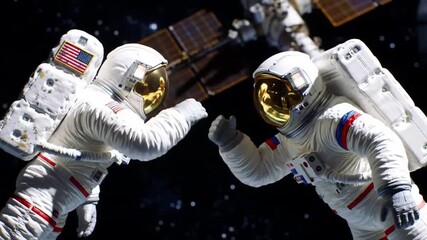 Two astronauts in spacesuits, one with an American flag, the other with Russian colors, about to fist bump in deep space