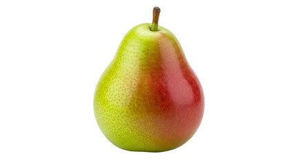 A pear stands upright, featuring a blend of green and red colors with a thin stem on a isolated background.
