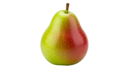 A pear stands upright, featuring a blend of green and red colors with a thin stem on a isolated background.