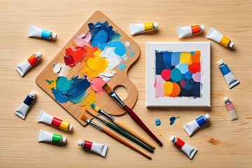 Art supplies and finished artwork laid out on wooden table for creative process