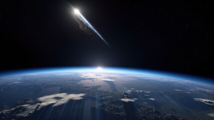 Fototapeta premium Comet streaks across a sunrise over Earth