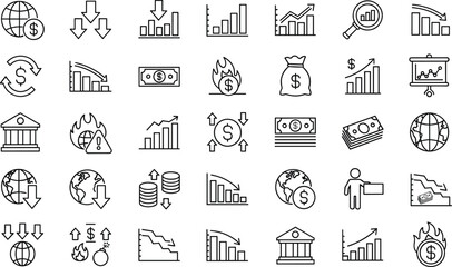 economic icons, finance symbols, global economy, inflation, deflation, banking, investment, currency, crisis, analysis, chart, dollar, money, savings, risk, policy, market, wealth, business, decline