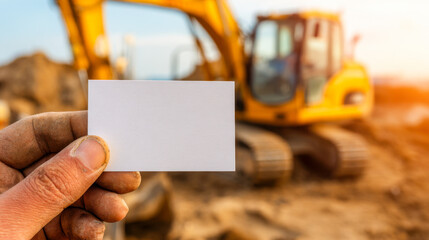Business card mockup held by builder with excavator blurred in background for advertising use