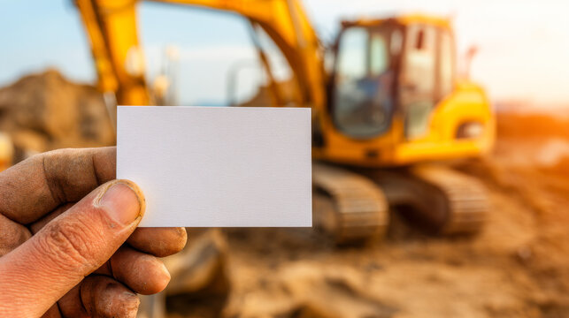 Business card mockup held by builder with excavator blurred in background for advertising use