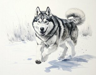 Naklejka premium A watercolor painting depicts a Siberian Husky dog running through snow, joyful expression.