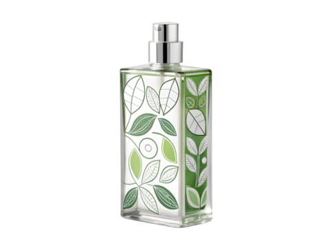 Rectangular glass perfume bottle with green leaf pattern and silver spray top image