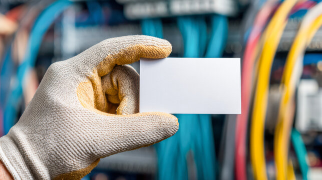 Professional electrician business card mockup in a repair setting with clear copy space