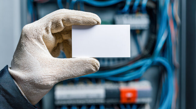 Professional electrician holding blank business card in a workshop with wires in background