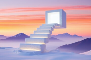 Ascending Stairway to Illuminated Gateway Above Misty Mountain Landscape at Dawn