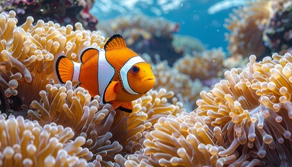 A clown fish perched on top of a vibrant anemone. Great for marine life concepts