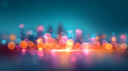 Abstract composition featuring a horizontal line of out-of-focus light orbs in warm orange and cool pink tones. The background is a blurred gradient of deep teal or blue,bokeh effect ,nighttime scene.