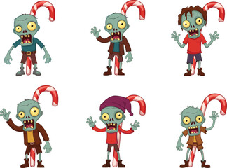Cartoon zombie characters with candy cane, funny Christmas undead monsters, festive Halloween illustration, creepy holiday design