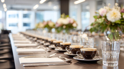 Elegant business event setup featuring long catering arrangement with coffee and floral decor