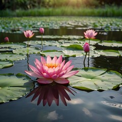 Vibrant Pink Lotus Flowers Floating on Serene Pond in Golden Afternoon Light Photography.