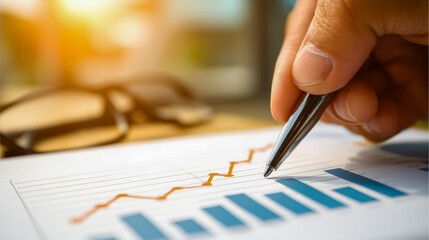 オフィスデスクの手元、ペンで折れ線グラフ・棒グラフを分析する財務・ビジネスシーン、暖色系夕方日差し