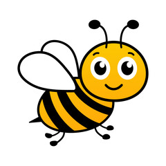 Cute flying bee. Happy honeybee with kind eyes. Bumblebee character. Vector illustration isolated on white.