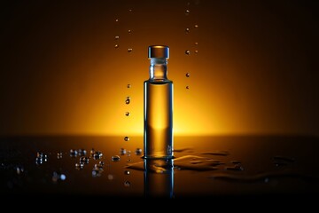 Elegant Glass Bottle Captured in Motion with Water Droplets and Golden Light