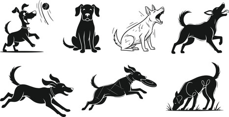 Dogs in various poses, black and white cartoon illustrations, playful, running, jumping, sitting, sniffing, frisbee catching, canine activity scenes for stock
