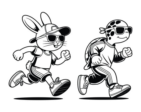 Cartoon rabbit and turtle wearing sunglasses and athletic wear running race competition