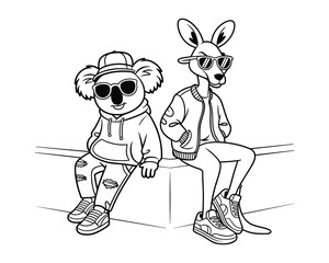 Fototapeta premium Cool Koala and Kangaroo Friends Wearing Sunglasses and Trendy Clothes vector illustration