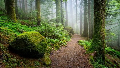 exploring a misty forest path with a moss covered stone and lush foliage under a serene atmosphere