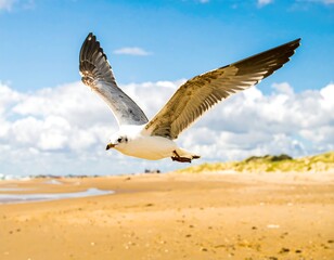Naklejka premium A graceful seagull soars through a bright sunny sky over a sandy beach.