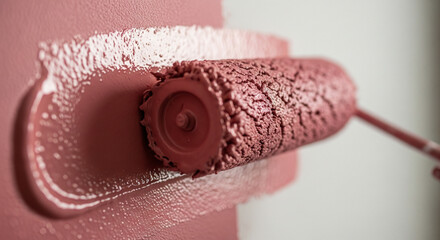 Obraz premium A close-up of a paint roller applying a fresh coat of textured, dusty rose-colored paint to a white wall. This image captures the essence of home decorating and DIY projects