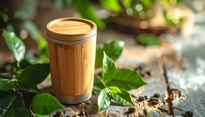 Reusable coffee cups are placed on rocks with natural plants, avoiding single-use waste.