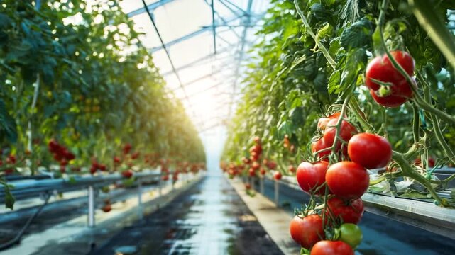 Vibrant tomatoes hang in a lush greenhouse, illuminated by sunlight, showcasing healthy growth and agricultural beauty