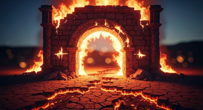 Burning stone archway, cracked ground, flames against a blurred night sky