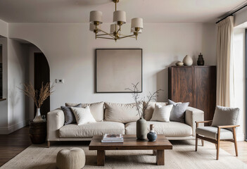 Fototapeta premium A serene and inviting living room with a comfortable beige sofa, a classic chandelier, and warm wood furniture, creating a timeless and cozy family space. 