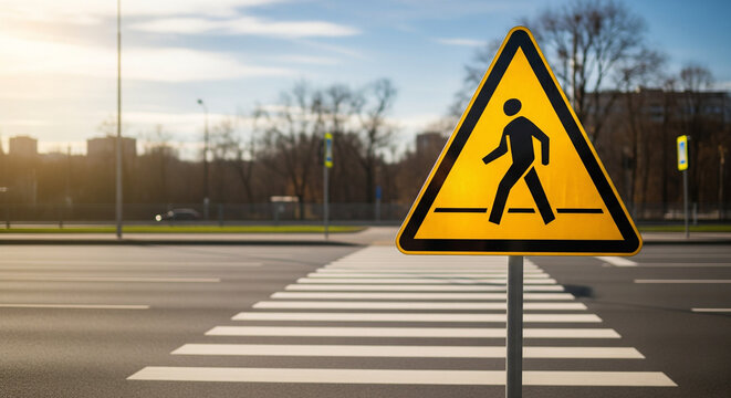 A bright and clear photograph of a yellow, triangular pedestrian crossing sign positioned at a zebra-striped crosswalk