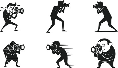 Photographers silhouettes, diverse poses, taking pictures, camera styles, emotions, action, geometric art, black white vector, creative profession, hobby illustration set