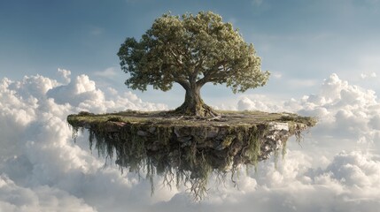 Solitary Tree on Floating Island Amidst Ethereal Clouds, Dreamlike Landscape.