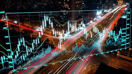 Futuristic city traffic time-lapse with financial chart overlay representing market trends and - Powered by Adobe
