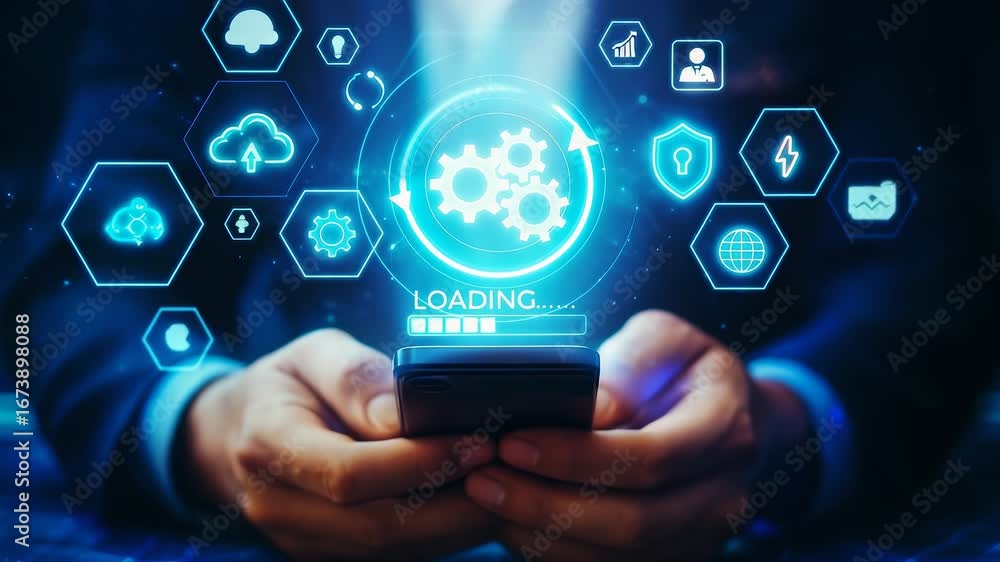 Poster hands holding smartphone with blue loading gears and cloud icons technology display