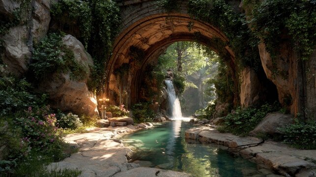 Sunlit, tranquil valley hidden beneath a crumbling archway. Lush greenery surrounds a calm pool reflecting the sunlight