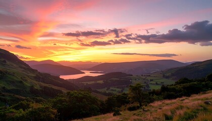 Obraz premium A breathtaking vista of a valley at sunset, showcasing vibrant colors and rolling hills.