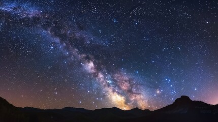 Milky way panorama as background image. Night starry sky with stars, planets, constellations and galaxies