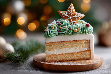 Slice of Christmas cake with green festive icing, red berries and gingerbread star sprinkled with powdered sugar. Warm festive atmosphere, party background, dessert, winter, holiday themes