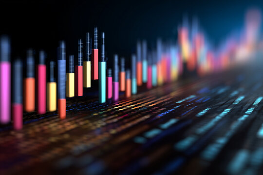 Animated digital lines build and dissolve a looping bar graph against tech-themed background.